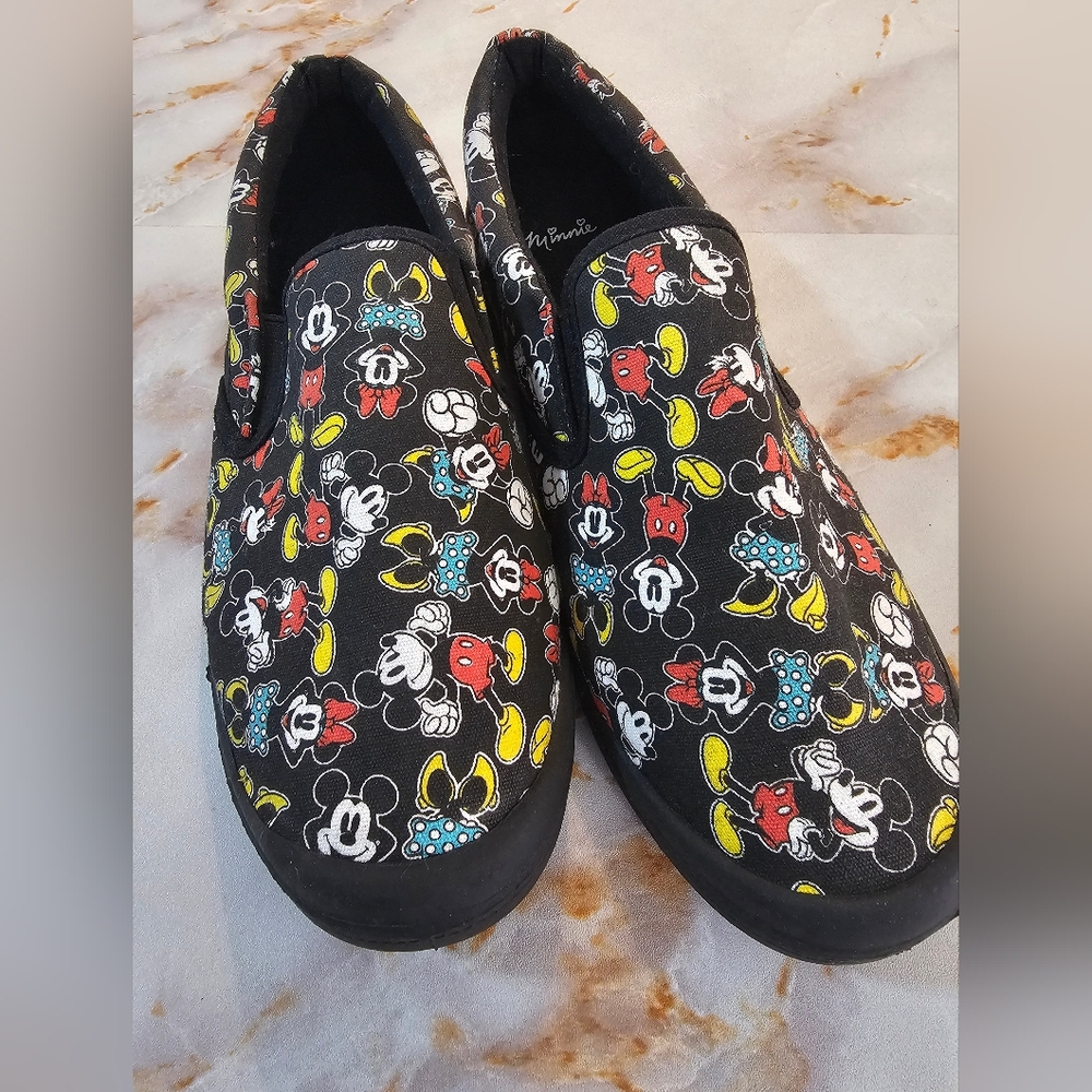 Disney Slip-On Shoes - Black with Colorful Mickey Mouse Print Size 8 New